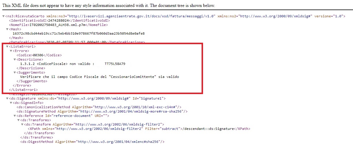 SystemCloud messaggio di scarto SDI